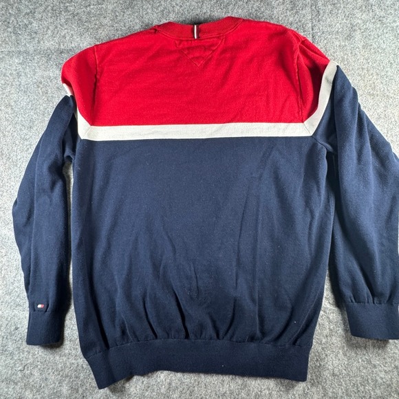 Tommy Hilfiger Mens Crew Neck Sweater Red Navy White Color Block Logo XL - Picture 8 of 9